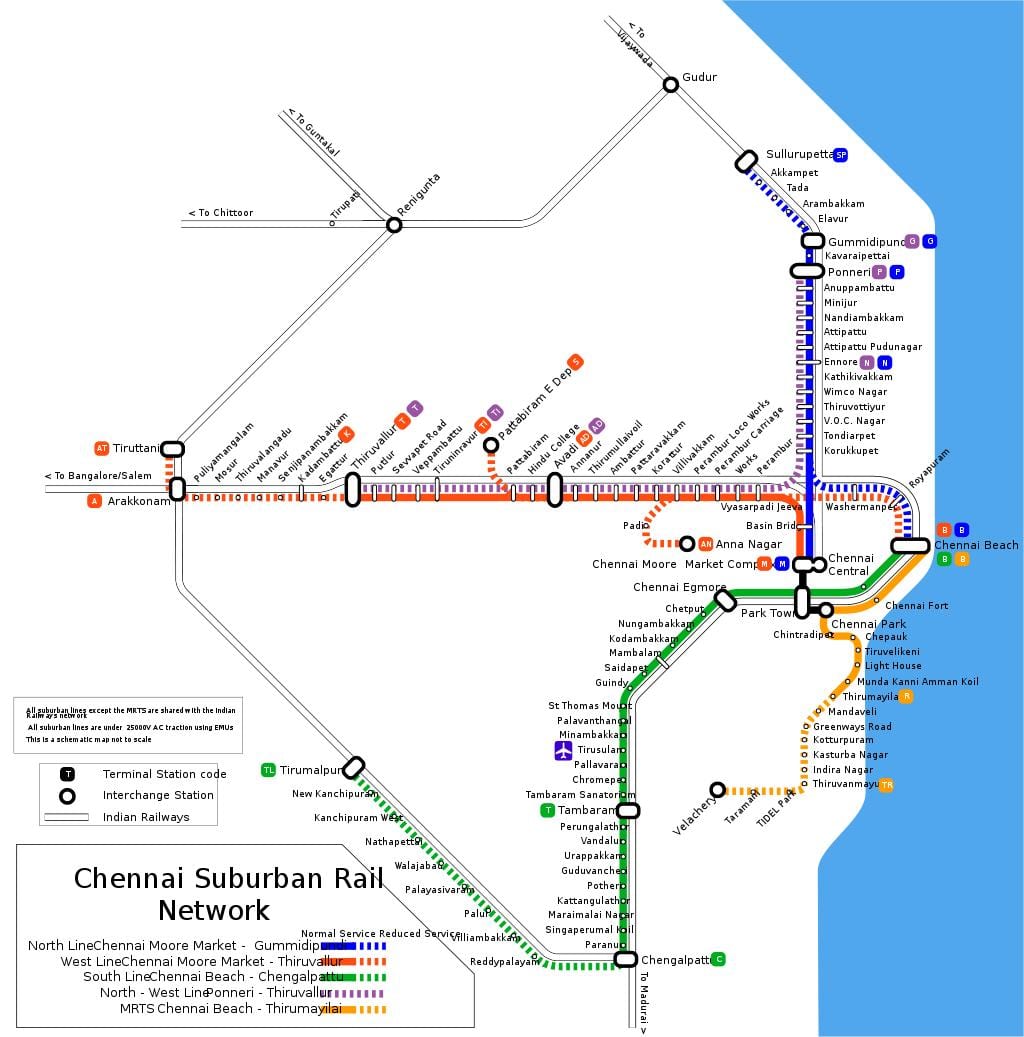 チェンナイ郊外の鉄道の地図