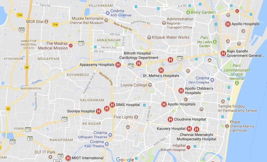地図のチェンナイ病院 